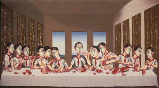 曾梵志《最后的晚餐》,2001年作,油彩畫布,220x400公分, 在蘇富比進入亞洲40周年晚間拍賣中,這件來自尤倫斯收藏的作品以1.8億港元成為首件過億的亞洲當代藝術品,據坊間傳說,十年前這件作品僅以3萬美元買個比利時收藏家尤倫斯 曾梵志《最后的晚餐》,2001年作,油彩畫布,220x400公分, 在蘇富比進入亞洲40周年晚間拍賣中,這件來自尤倫斯收藏的作品以1.8億港元成為首件過億的亞洲當代藝術品,據坊間傳說,十年前這件作品僅以3萬美元買個比利時收藏家尤倫斯