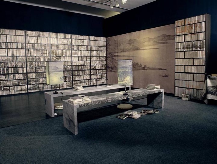 2003年《山水書房》 裝置，長9米 寬6米 高3米，參加第50屆威尼斯雙年展中國館“造境”。房間被布置成水墨文化空間，制作的書架上是5000多冊中外各類書籍，以書架的書脊將一幅五代董源的山水畫《夏景山口待渡圖》用電腦分割，再拼出整幅畫面。山水畫一定程度上代表了中國傳統(tǒng)文化精髓，與觀眾、當下生活發(fā)生關聯(lián)。

