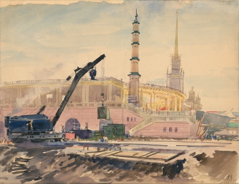 宗其香，《北京展覽館建設(shè)中》，紙本水彩，35cm×45.5cm，1954年
