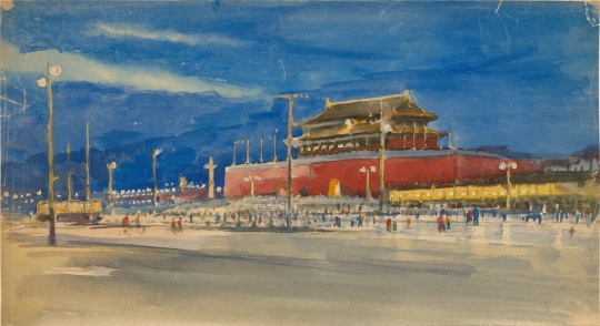 宗其香，《天安門夜景》，紙本水彩，26.5cm×48cm，1956年
