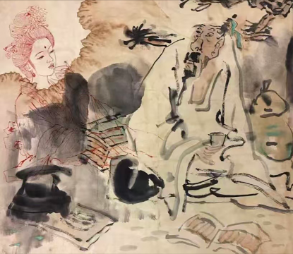 陳玉東-《對飲》，60X64cm，紙本水墨，2025年

