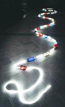 傅中望-《乙巳蛇年》，尺寸可變，酒瓶、LED，2025年
